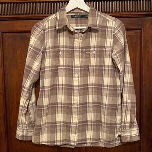 Ralph Lauren neutral plaid button front shirt 100% cotton classic soft XS